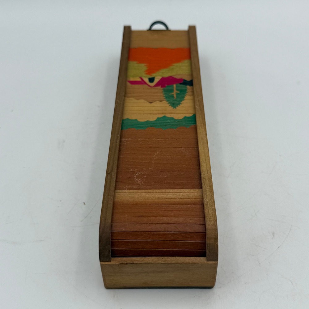 Vintage Japanese Wooden Roll Top Pencil Box Hand Painted Landscape Scene